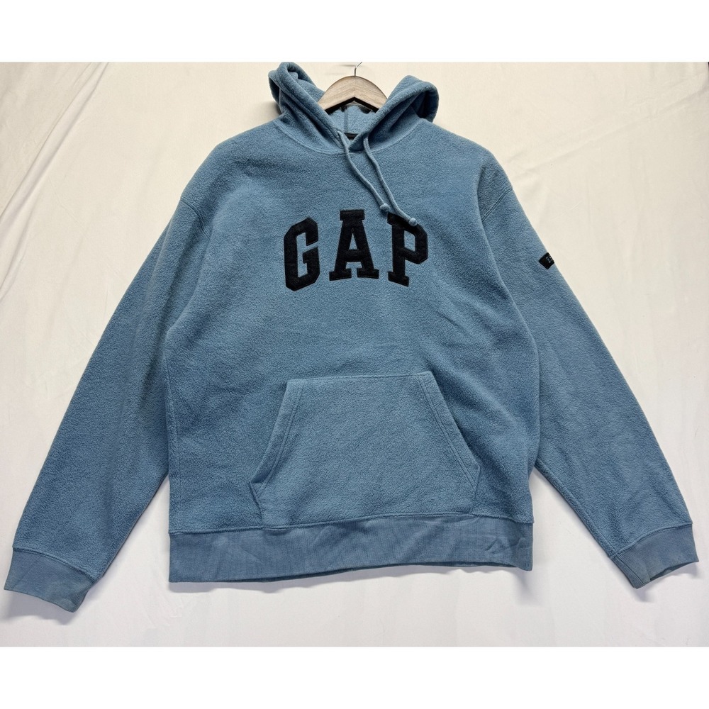 Gap‎ Fleece Hoodie Mens Large Blue Embroidered Spellout Logo Ribbed Trim Winter